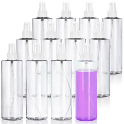 JUVITUS 12 oz Clear Professional Cylinder Plastic Bottles with White Fine Mist Sprayer (12 Pack)