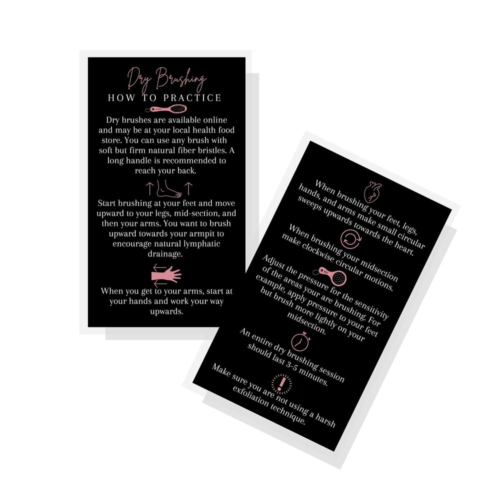 How To Practice Dry Brushing Card | 50 Pack | 2x3.5" Business Cards | Lymphatic Treatment | Black with Rosey Pink Design