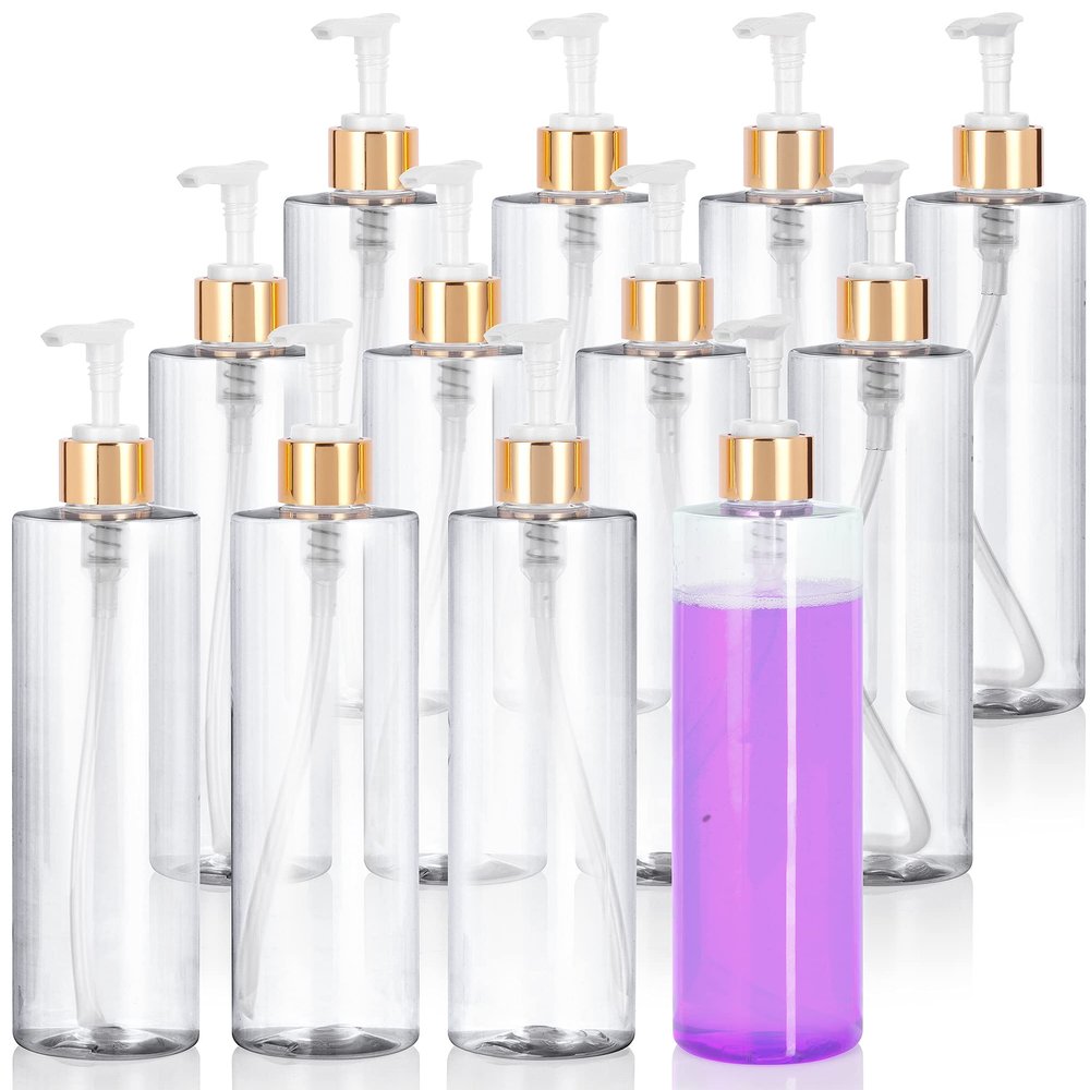JUVITUS Clear 12 oz Professional Cylinder PET Plastic Bottles (BPA Free) (12 Pack, Gold Lotion Pump)