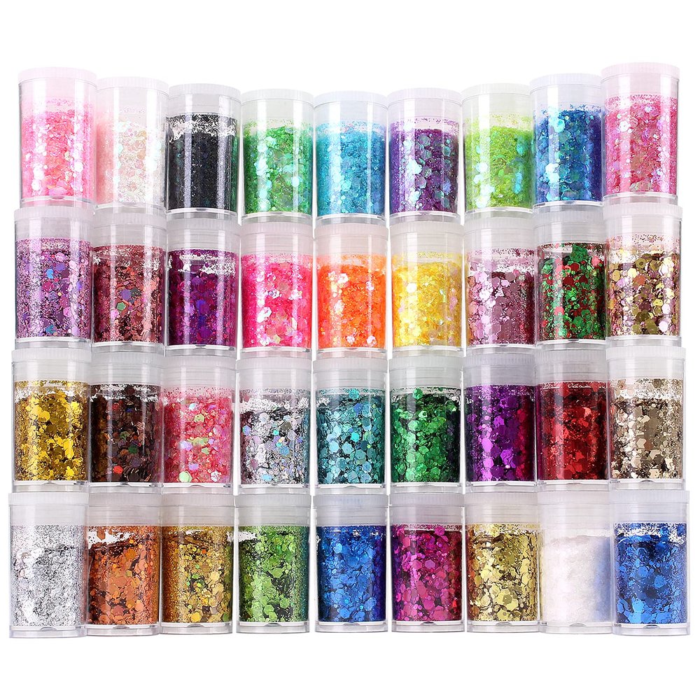 Chunky and Fine Glitter Mix, Estanoite 36 Colors Chunky Sequins & Fine Glitter Powder Mix, Cosmetic Makeup Flakes for Face Body Eye Nail Art Resin Epoxy