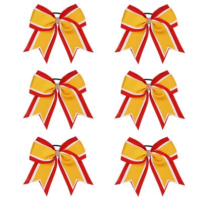 8 Inch 3 Colors 3 Layers 6 Pcs Cheerleader Bows Jumbo Cheerleading Bows Hair Elastic Hair Tie for High School College (Red/White/Yellow gold)