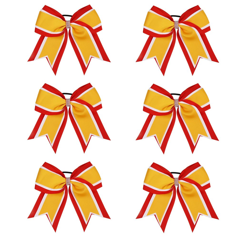 8 Inch 3 Colors 3 Layers 6 Pcs Cheerleader Bows Jumbo Cheerleading Bows Hair Elastic Hair Tie for High School College (Red/White/Yellow gold)