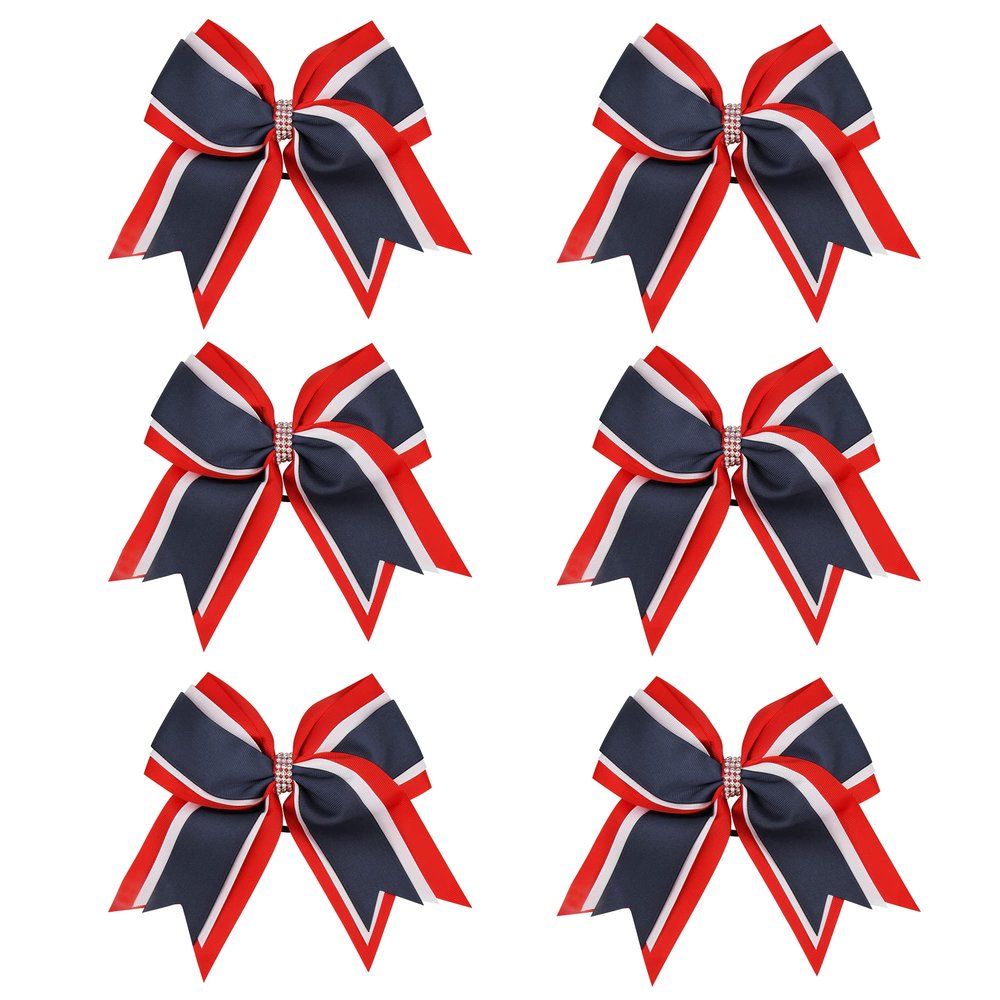 8 Inch 3 Colors 3 Layers 6 Pcs Cheerleader Bows Jumbo Cheerleading Bows Hair Elastic Hair Tie for High School College (Red/White/Navy blue)