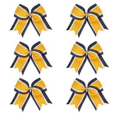 8 Inch 3 Colors 3 Layers 6 Pcs Cheerleader Bows Jumbo Cheerleading Bows Hair Elastic Hair Tie for High School College (Navy blue/White/Yellow gold)