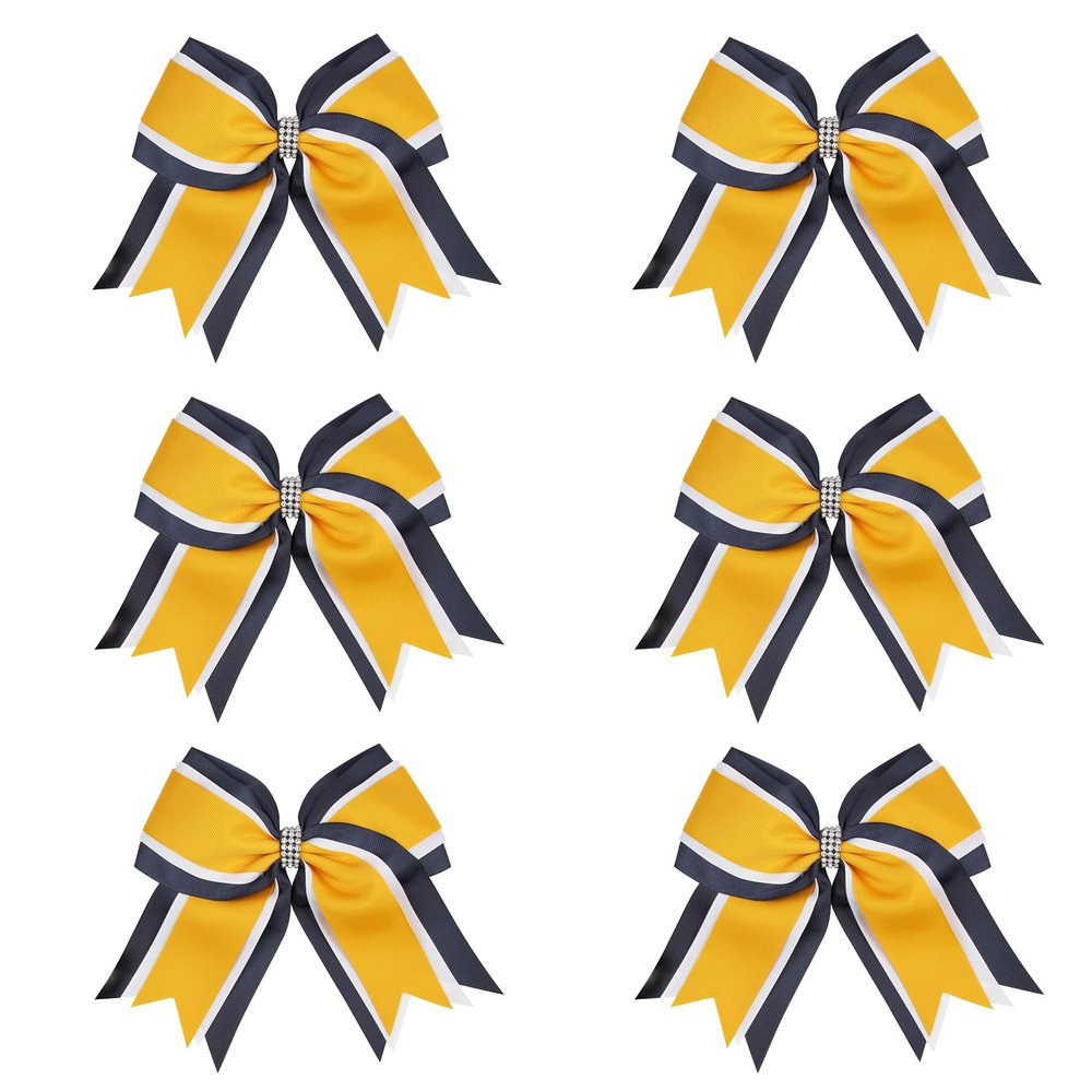 8 Inch 3 Colors 3 Layers 6 Pcs Cheerleader Bows Jumbo Cheerleading Bows Hair Elastic Hair Tie for High School College (Navy blue/White/Yellow gold)
