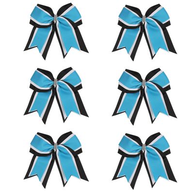 8 Inch 3 Colors 3 Layers 6 Pcs Cheerleader Bows Jumbo Cheerleading Bows Hair Elastic Hair Tie for High School College (Black/White/Light blue)