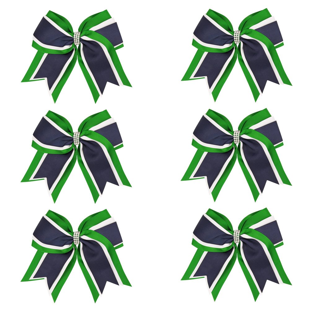 8 Inch 3 Colors 3 Layers 6 Pcs Cheerleader Bows Jumbo Cheerleading Bows Hair Elastic Hair Tie for High School College (Green/White/Navy blue)