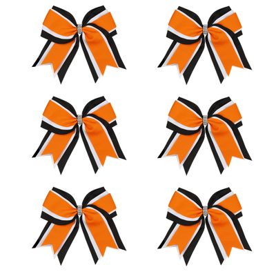 8 Inch 3 Colors 3 Layers 6 Pcs Cheerleader Bows Jumbo Cheerleading Bows Hair Elastic Hair Tie for High School College (Black/White/Orange)