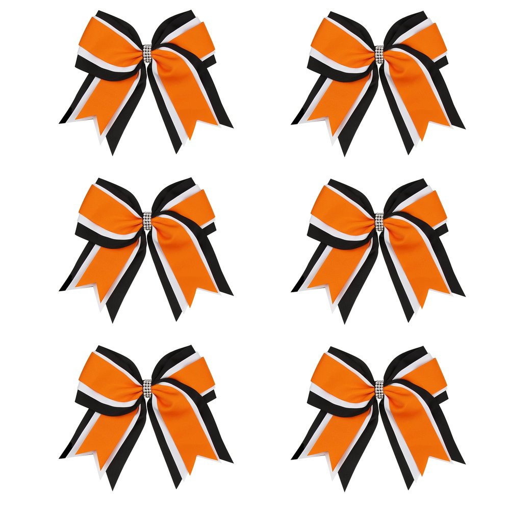 8 Inch 3 Colors 3 Layers 6 Pcs Cheerleader Bows Jumbo Cheerleading Bows Hair Elastic Hair Tie for High School College (Black/White/Orange)
