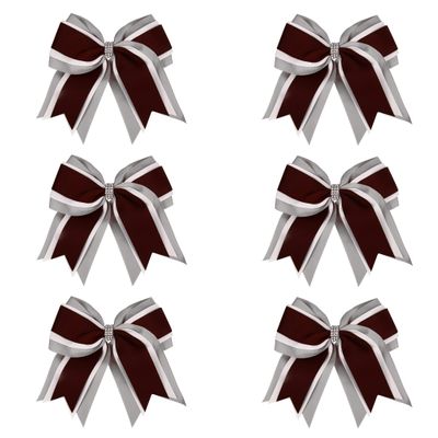 8 Inch 3 Colors 3 Layers 6 Pcs Cheerleader Bows Jumbo Cheerleading Bows Hair Elastic Hair Tie for High School College (Grey/White/Brown)