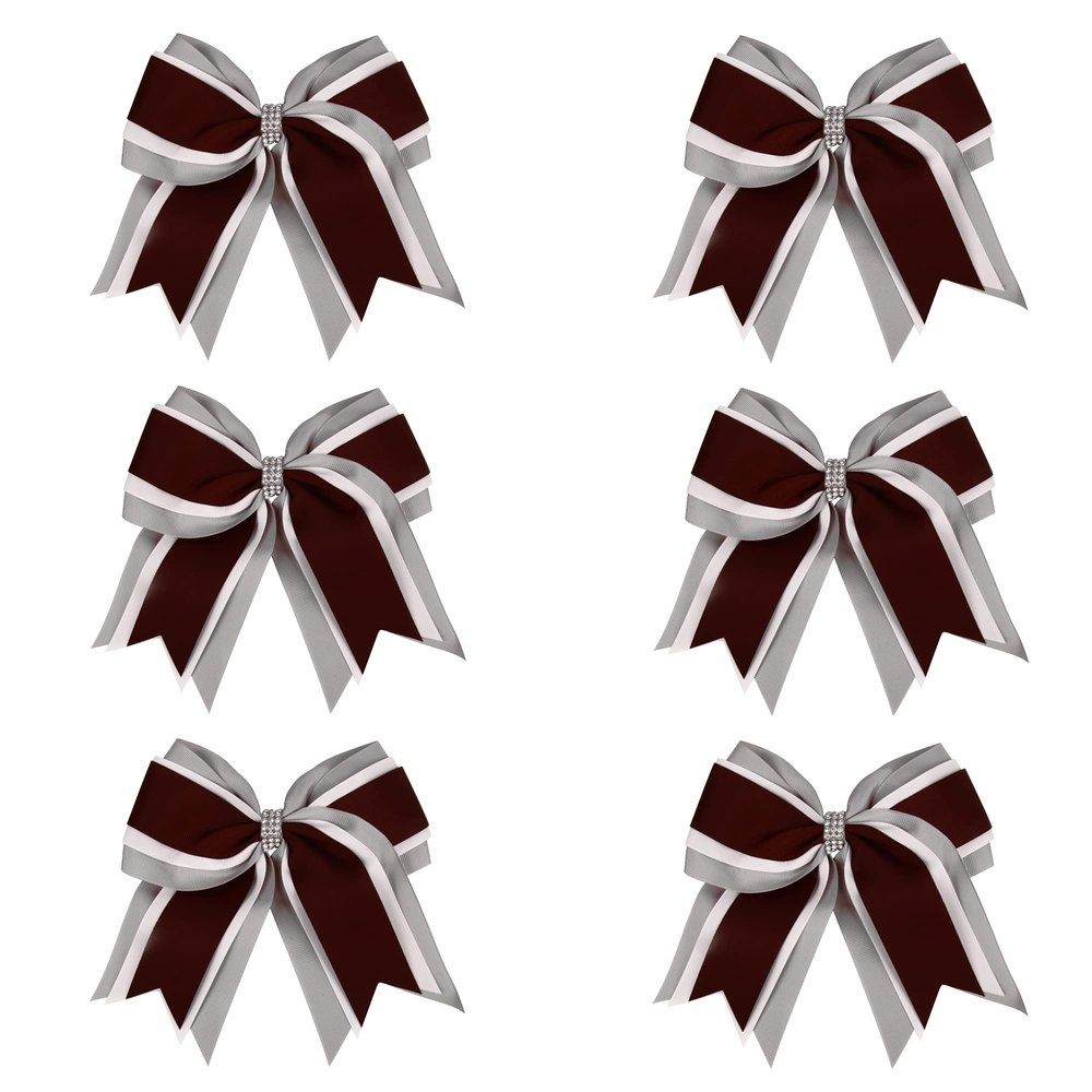 8 Inch 3 Colors 3 Layers 6 Pcs Cheerleader Bows Jumbo Cheerleading Bows Hair Elastic Hair Tie for High School College (Grey/White/Brown)