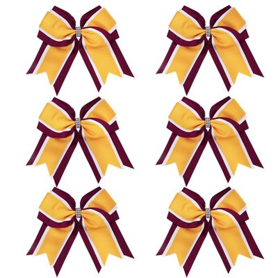 8 Inch 3 Colors 3 Layers 6 Pcs Cheerleader Bows Jumbo Cheerleading Bows Hair Elastic Hair Tie for High School College (Maroon/White/Yellow gold)