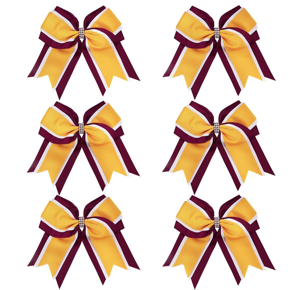 8 Inch 3 Colors 3 Layers 6 Pcs Cheerleader Bows Jumbo Cheerleading Bows Hair Elastic Hair Tie for High School College (Maroon/White/Yellow gold)