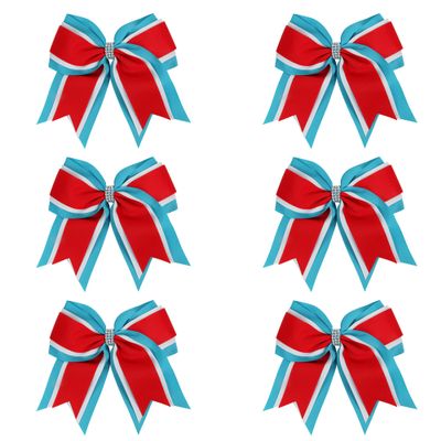 8 Inch 3 Colors 3 Layers 6 Pcs Cheerleader Bows Jumbo Cheerleading Bows Hair Elastic Hair Tie for High School College (Light blue/White/Red)