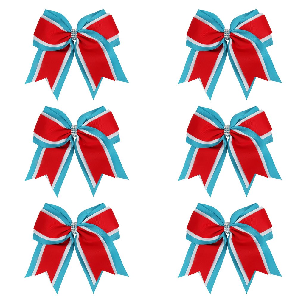 8 Inch 3 Colors 3 Layers 6 Pcs Cheerleader Bows Jumbo Cheerleading Bows Hair Elastic Hair Tie for High School College (Light blue/White/Red)