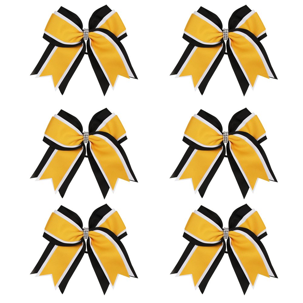 8 Inch 3 Colors 3 Layers 6 Pcs Cheerleader Bows Jumbo Cheerleading Bows Hair Elastic Hair Tie for High School College (Black/White/Yellow gold)