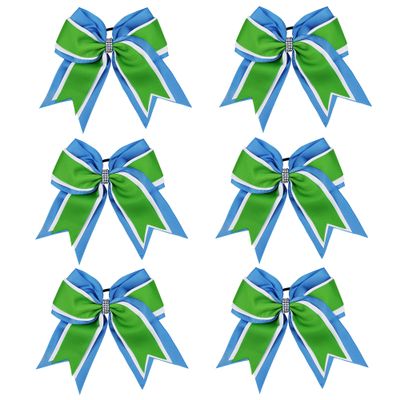 8 Inch 3 Colors 3 Layers 6 Pcs Cheerleader Bows Jumbo Cheerleading Bows Hair Elastic Hair Tie for High School College (Columbia blue/White/Green)