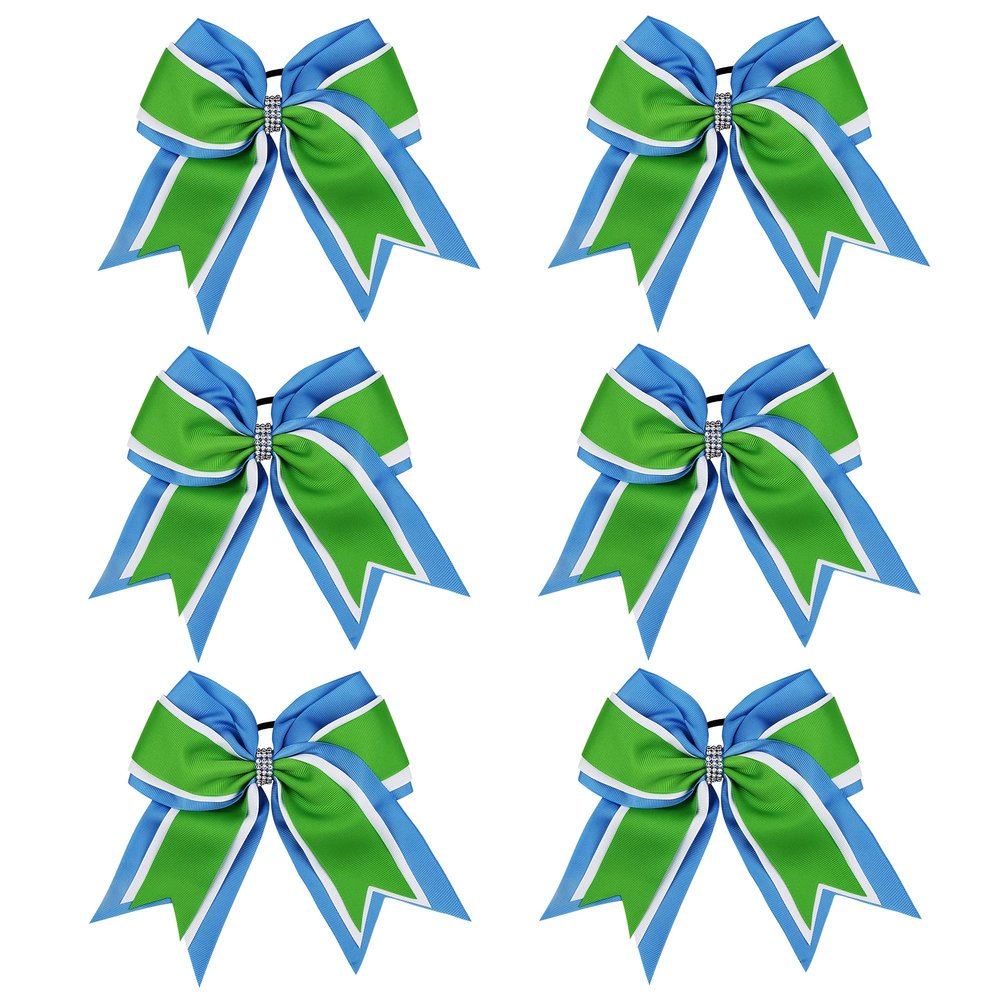 8 Inch 3 Colors 3 Layers 6 Pcs Cheerleader Bows Jumbo Cheerleading Bows Hair Elastic Hair Tie for High School College (Columbia blue/White/Green)