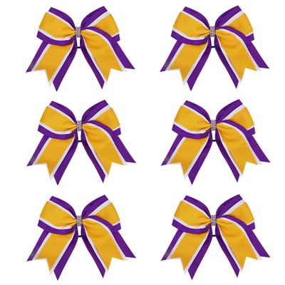 8 Inch 3 Colors 3 Layers 6 Pcs Cheerleader Bows Jumbo Cheerleading Bows Hair Elastic Hair Tie for High School College (Purple/White/Yellow gold)