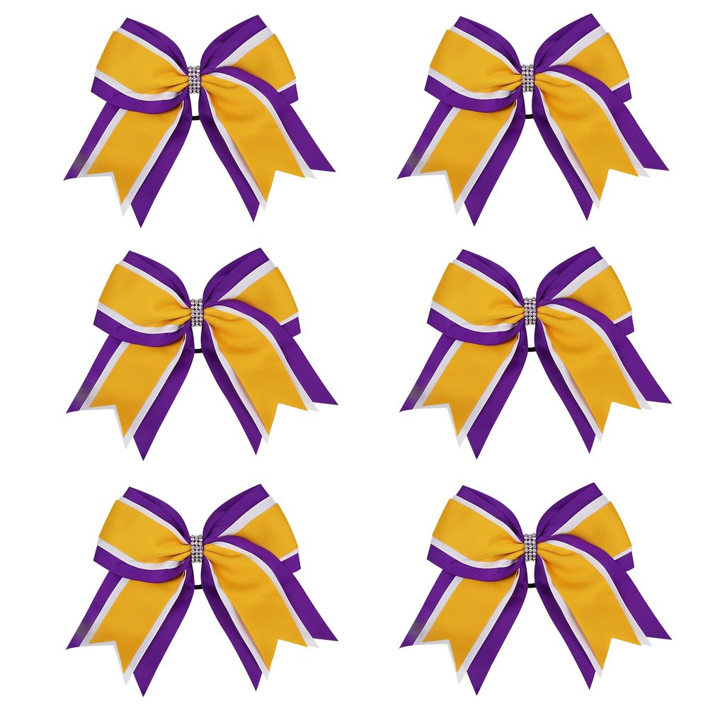 8 Inch 3 Colors 3 Layers 6 Pcs Cheerleader Bows Jumbo Cheerleading Bows Hair Elastic Hair Tie for High School College (Purple/White/Yellow gold)
