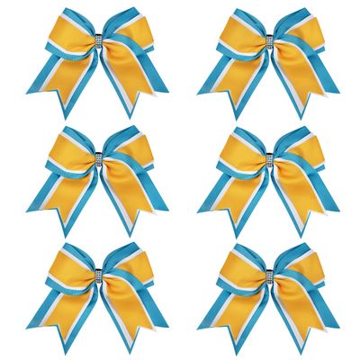 8 Inch 3 Colors 3 Layers 6 Pcs Cheerleader Bows Jumbo Cheerleading Bows Hair Elastic Hair Tie for High School College (Light blue/White/Yellow gold)