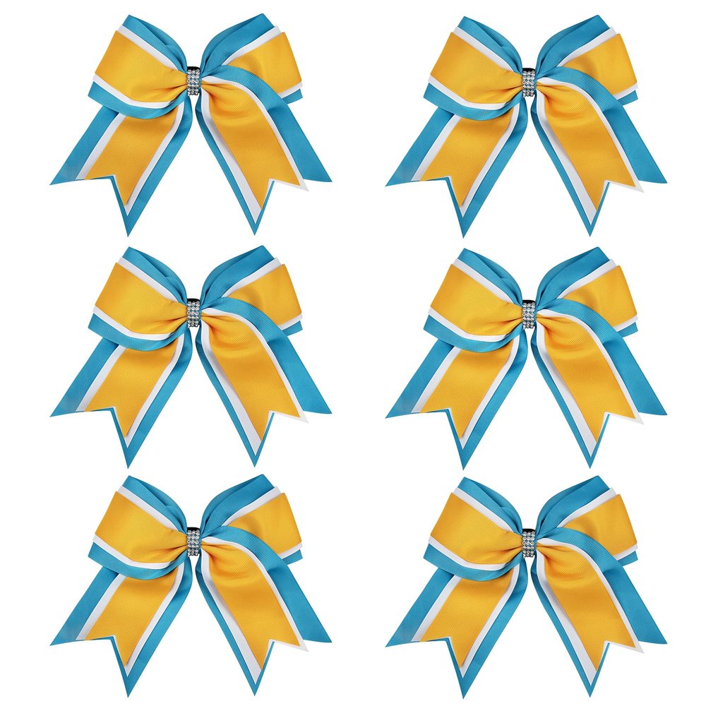 8 Inch 3 Colors 3 Layers 6 Pcs Cheerleader Bows Jumbo Cheerleading Bows Hair Elastic Hair Tie for High School College (Light blue/White/Yellow gold)