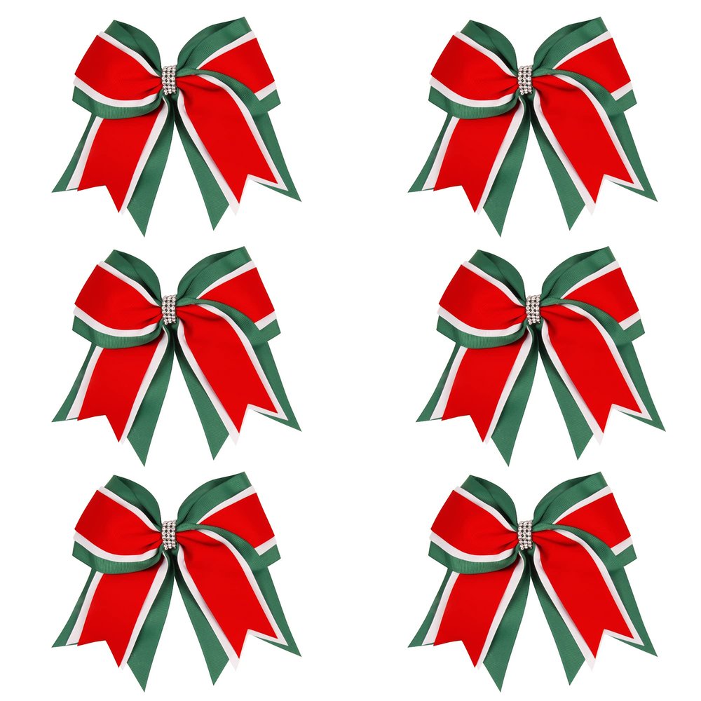 8 Inch 3 Colors 3 Layers 6 Pcs Cheerleader Bows Jumbo Cheerleading Bows Hair Elastic Hair Tie for High School College (Forest green/White/Red)