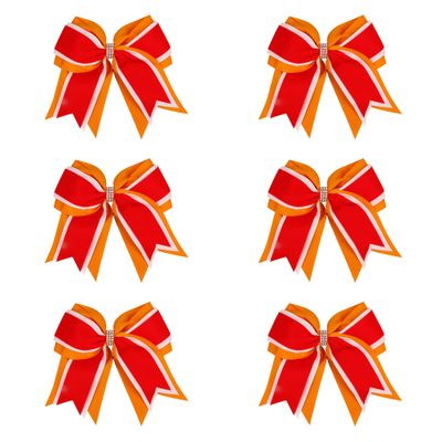 8 Inch 3 Colors 3 Layers 6 Pcs Cheerleader Bows Jumbo Cheerleading Bows Hair Elastic Hair Tie for High School College (Orange/White/Red)