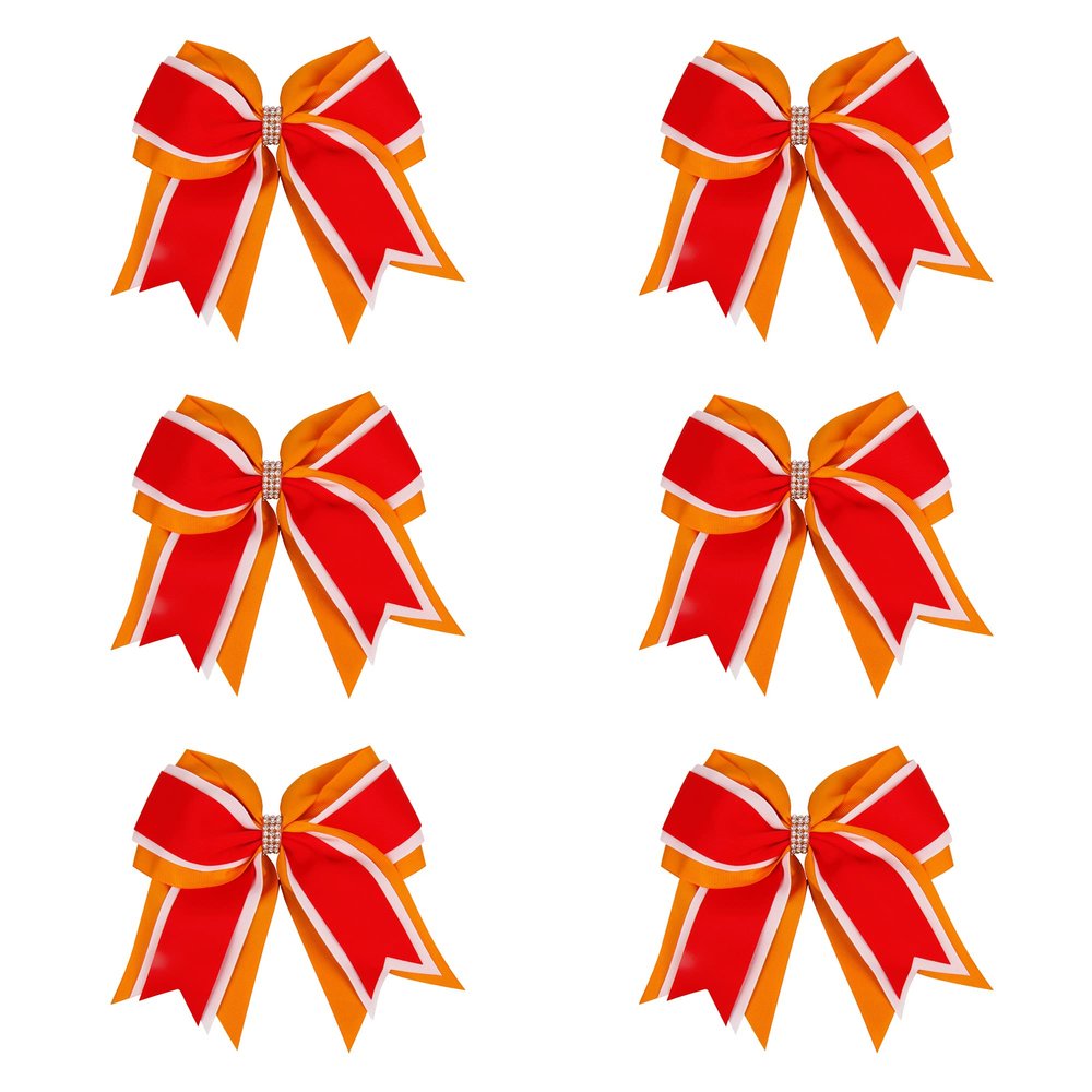 8 Inch 3 Colors 3 Layers 6 Pcs Cheerleader Bows Jumbo Cheerleading Bows Hair Elastic Hair Tie for High School College (Orange/White/Red)