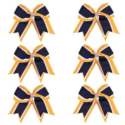 8 Inch 3 Colors 3 Layers 6 Pcs Cheerleader Bows Jumbo Cheerleading Bows Hair Elastic Hair Tie for High School College (Yellow gold/White/Navy blue)