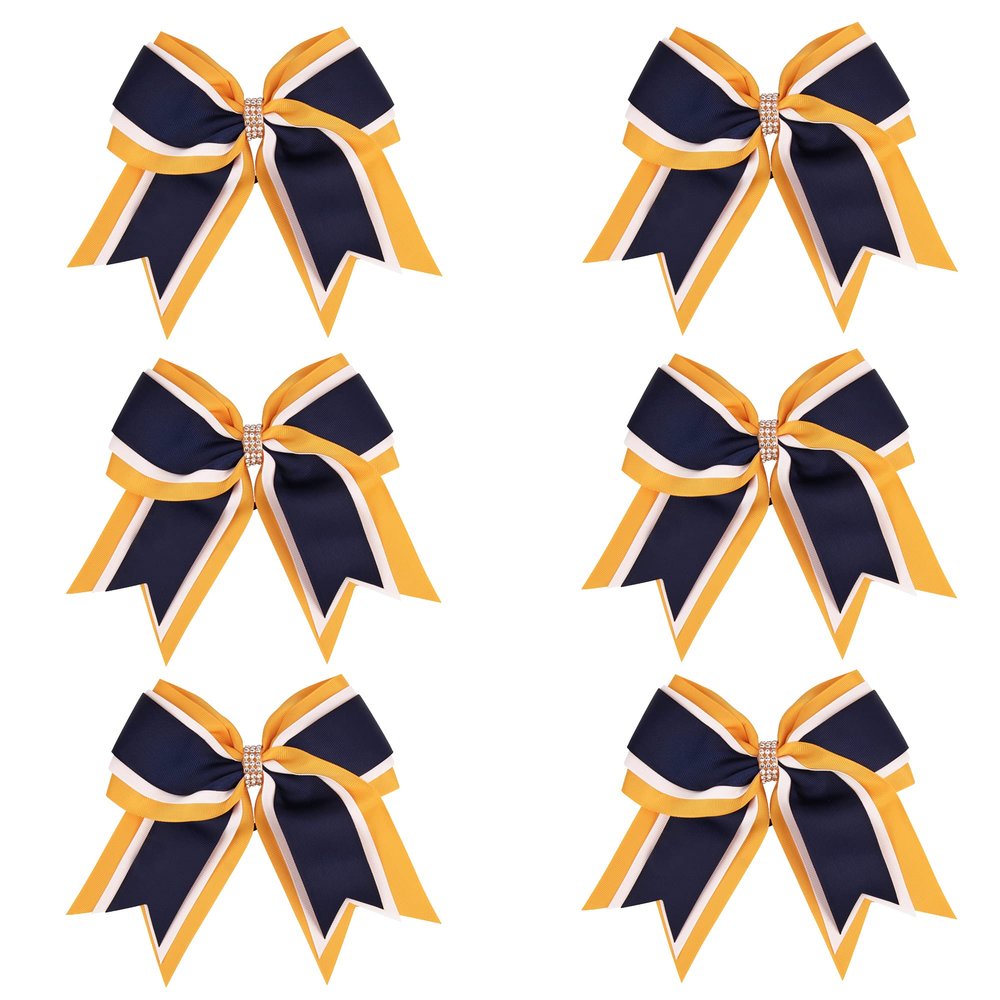 8 Inch 3 Colors 3 Layers 6 Pcs Cheerleader Bows Jumbo Cheerleading Bows Hair Elastic Hair Tie for High School College (Yellow gold/White/Navy blue)