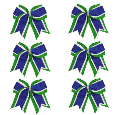 8 Inch 3 Colors 3 Layers 6 Pcs Cheerleader Bows Jumbo Cheerleading Bows Hair Elastic Hair Tie for High School College (Green/White/Royal blue)