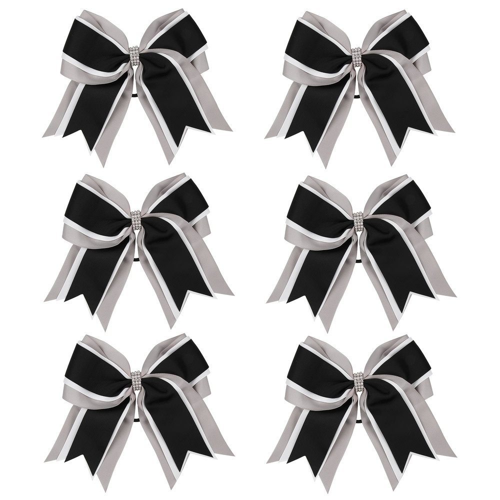 8 Inch 3 Colors 3 Layers 6 Pcs Cheerleader Bows Jumbo Cheerleading Bows Hair Elastic Hair Tie for High School College (Grey/White/Black)