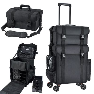 Costravio Travel Makeup Bag, Cosmetology Case on Wheels, 2 IN 1 Hair Tool Organizer, Rolling Nail Organizer Train Case, Large Cosmetic Trolley Suitcase for MUA/Hairstyling/Home-care/Groomer, Black