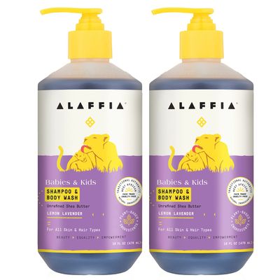 Alaffia Babies and Kids Shampoo and Body Wash, Gentle and Calming Support for Soft Hair and Skin with Shea Butter, Neem, and Coconut Oil, Fair Trade, Lemon Lavender 2 Pack 16 Fl Oz Ea