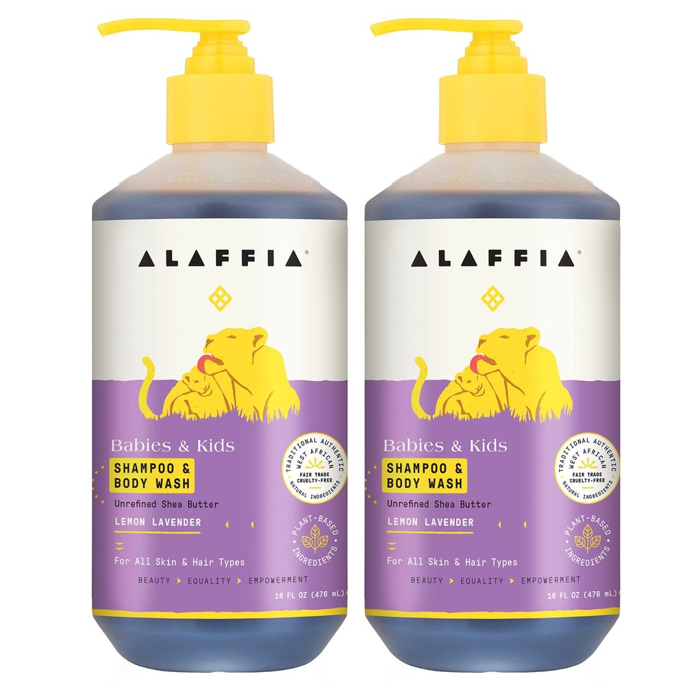 Alaffia Babies and Kids Shampoo and Body Wash, Gentle and Calming Support for Soft Hair and Skin with Shea Butter, Neem, and Coconut Oil, Fair Trade, Lemon Lavender 2 Pack 16 Fl Oz Ea