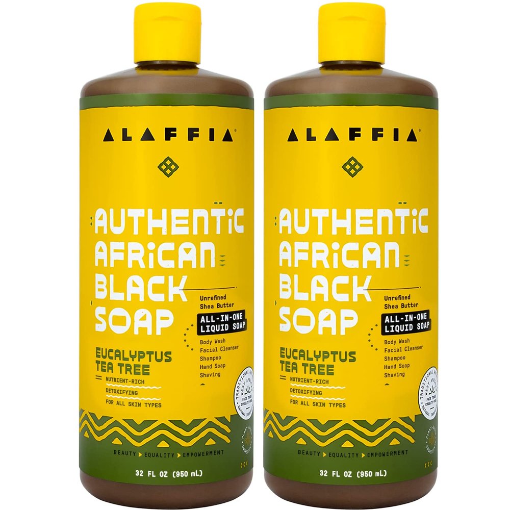 Alaffia Authentic African Black Soap, Eucalyptus Tea Tree, 2-Pack All-in-One Moisturizing Cleanser for Face, Hands, Body & Hair, 32 Oz Ea