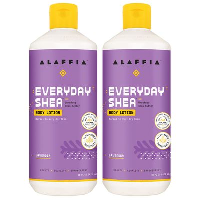 Alaffia Everyday Shea Body Lotion - Normal to Very Dry Skin, Moisturizing Support for Hydrated, Soft, and Supple Skin with Shea Butter and Lemongrass, Fair Trade, Lavender, 2 Pack - 16 Fl Oz Ea