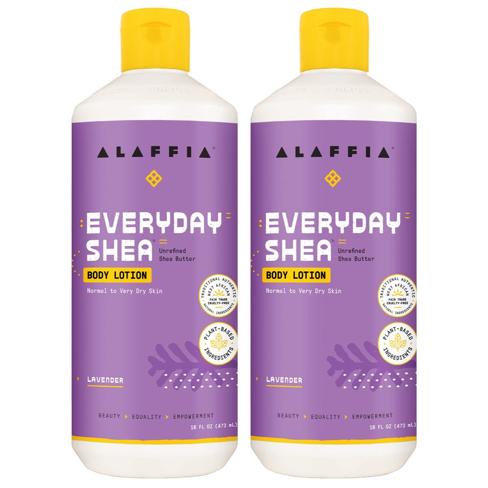 Alaffia Everyday Shea Body Lotion - Normal to Very Dry Skin, Moisturizing Support for Hydrated, Soft, and Supple Skin with Shea Butter and Lemongrass, Fair Trade, Lavender, 2 Pack - 16 Fl Oz Ea
