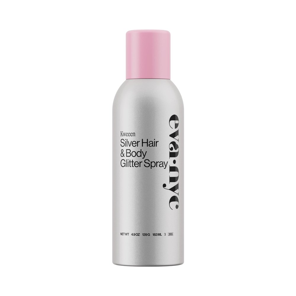 Eva NYC Kweeen Silver Body and Hair Glitter Spray for Shimmer, Washable Glitter Hairspray for Any Party Look, 4.9 oz