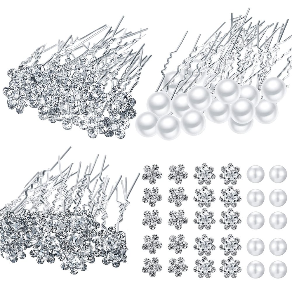 60 Pieces Bridal Hair Pins Accessories Pearl Rhinestone Flower U Shape Clips Jewelry Prom Hair Barrettes Decorations for Brides Bridesmaids Women