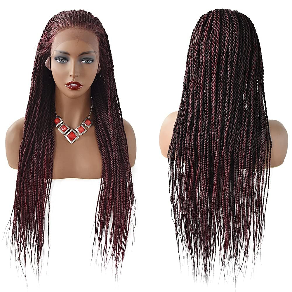 30" Realistic Hand-Braided Lace Front Twist Braids Wigs with Baby Hair 13x4.8inch Soft Swiss Lace Frontal Side Part Braided Wigs Premium Synthetic Lightweight Box Braided Wig for Black Women (LL30115EC-30", #1B/99JT Black Mix Wine Red Color)