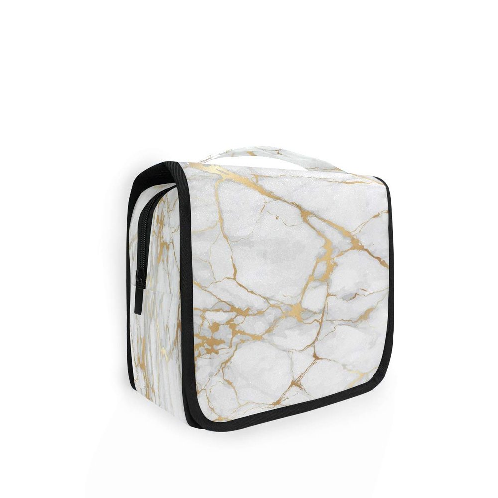 HMZXZ Hanging Travel Texure Marble Gold Line Print Toiletry Bag Folding Bathroom Gym Organizer Portable Cosmetic Wash Bag for Women Girls