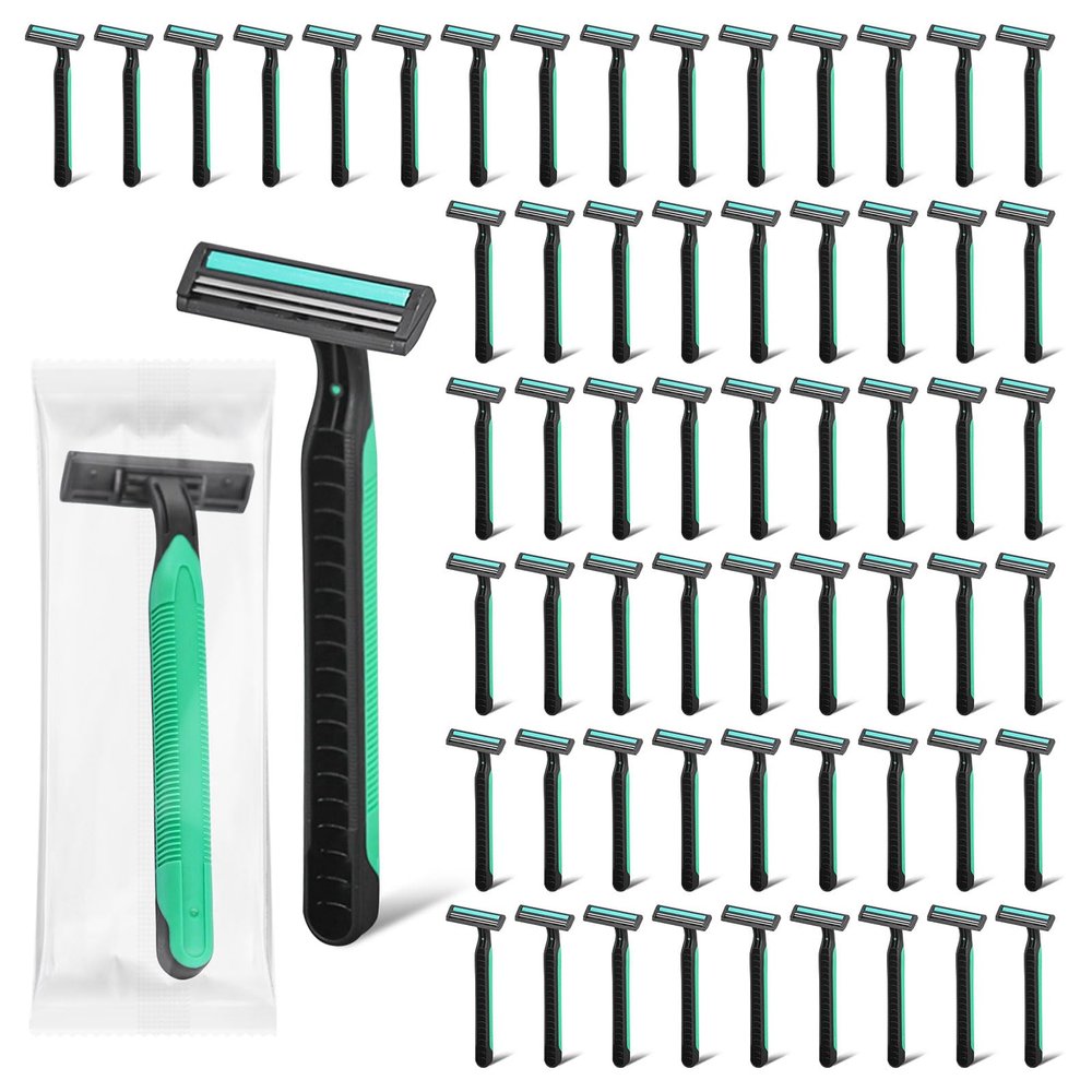 Fafortune Disposable Twin Blade Razors in Bulk, Individually Wrapped - Clear Safety Cap, For Homeless, Hotel, Airbnb, Travel (pack of 50,green)