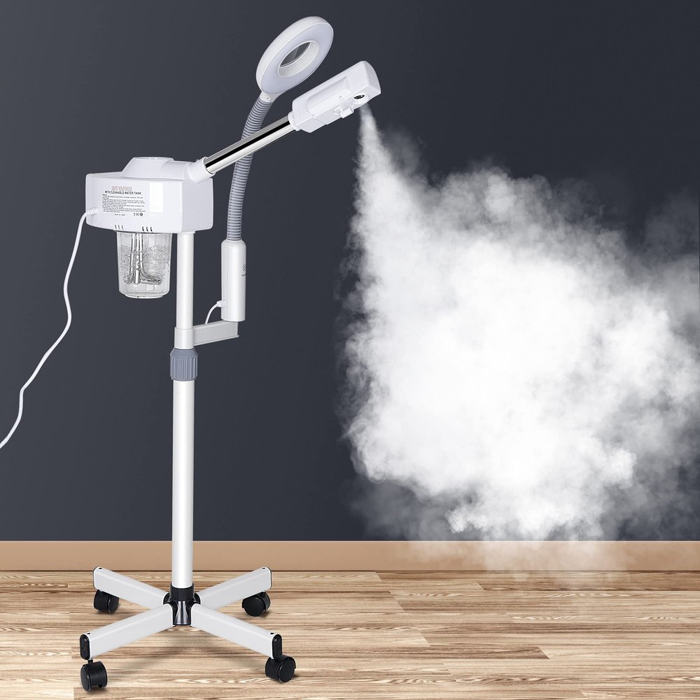 BBBuy 2 in 1 Facial Steamer Professional Nano Ionic Face Deep Cleansing Hydration with 5X Magnifying LED Lamp & Rolling Wheels, High Frequency, Portable Home Spa Salon Beauty Skin Care Equipment