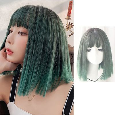 12''/30cm Short Synthetic Dark Green Wigs with Bangs for Women, Curly/Straight Ombre Green Colored Wig, Natural Colorful Wigs for Cosplay Anime Party Lolita Halloween (Green)(Color:Straight)