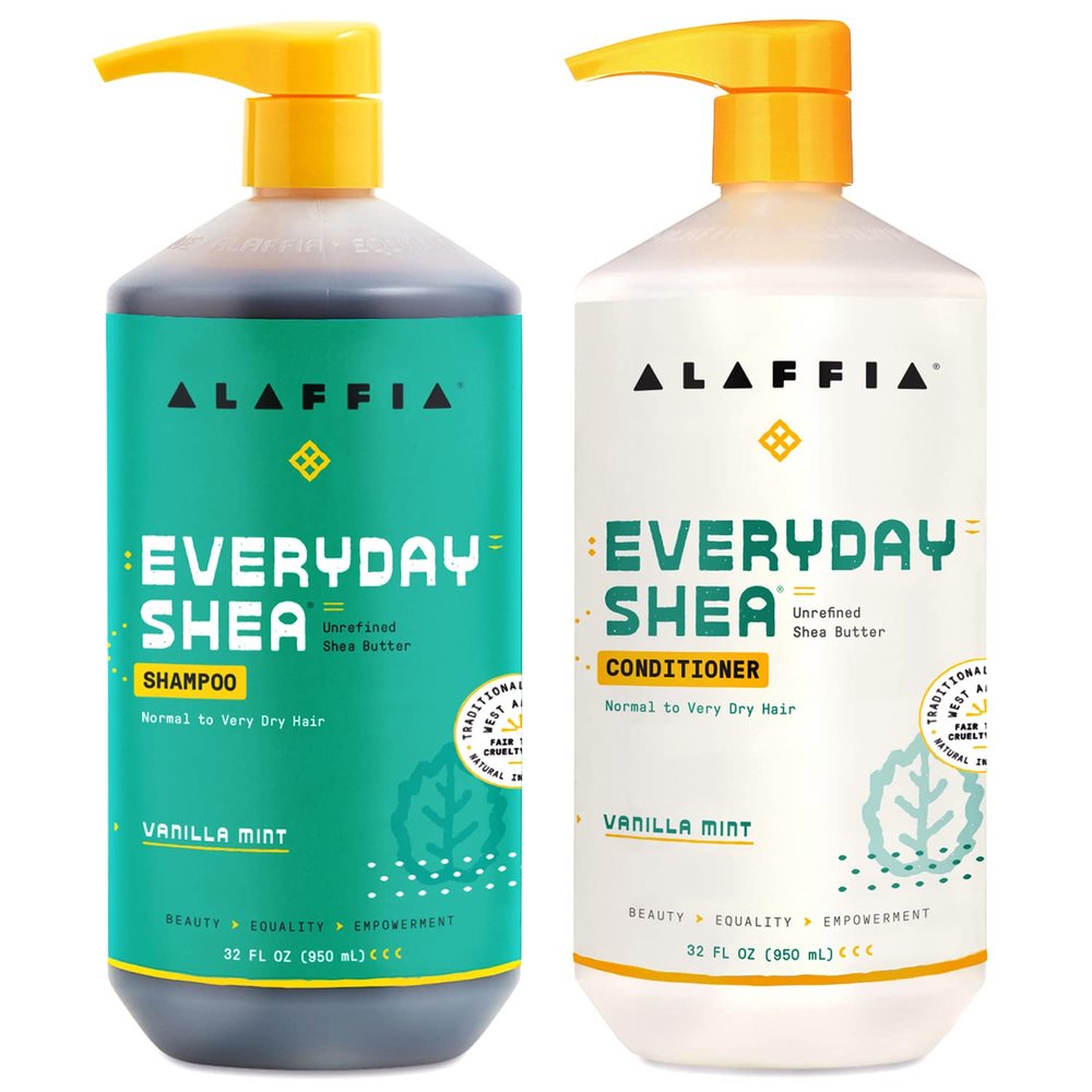 Alaffia EveryDay Shea Shampoo and Conditioner - Normal to Very Dry Hair, Gently Cleanses, Moisturizes, Restores & Protects with Fair Trade Shea Butter, Vegan, No Parabens, Vanilla Mint, 32 Fl Oz Each