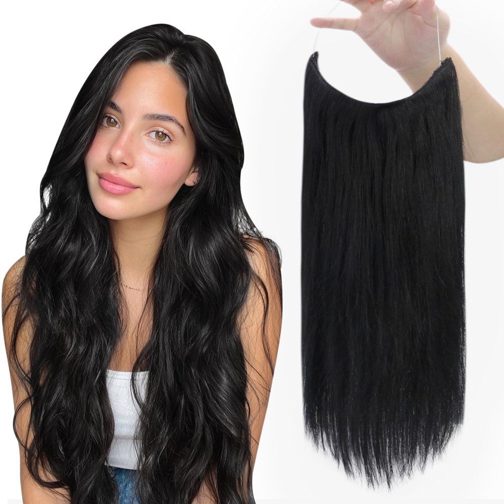Fshine Invisible Wire Hair Extensions Real Human Hair Jet Black Wire Hidden Hair Extensions 12 inch One Piece Fish Line Clip Ins Straight Hair Add Volume for Women 76 G