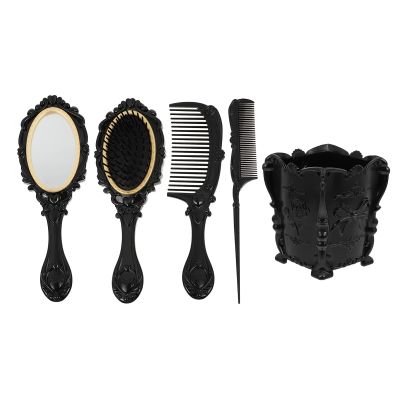 KALLORY 5pc Vanity Mirror Set Vintage Black Hairbrush Comb for Women Men Boys and Girls Storage Container