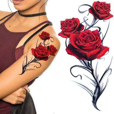Tatodays 2x Sheets large rose tattoos temporary realistic sexy flower for women adults teens kids thigh forearm rockstar biker gothic halloween fancy dress